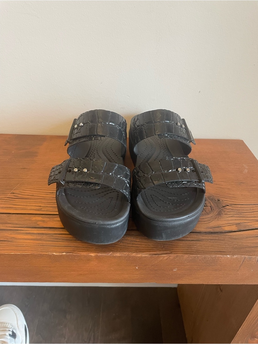 CROCS Black Croc-Embossed Double Strap Platform Sandals